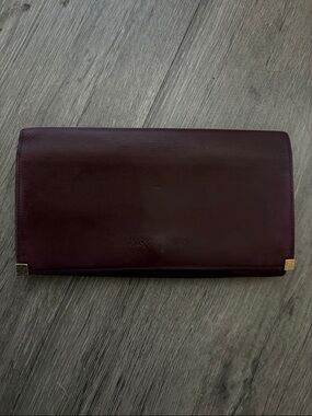 Yves Saint Laurent Deep Burgundy Leather Foldover Clutch with Gold Corners